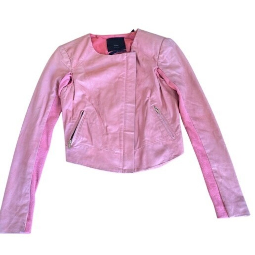 Coral 100% Leather Moto Jacket Cropped Biker Style Zip Pockets